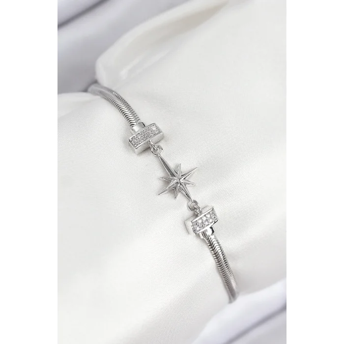 Pirinç Zirkon Taşlı Kutup Yıldızı Model Gümüş Renk Kadın Bileklik