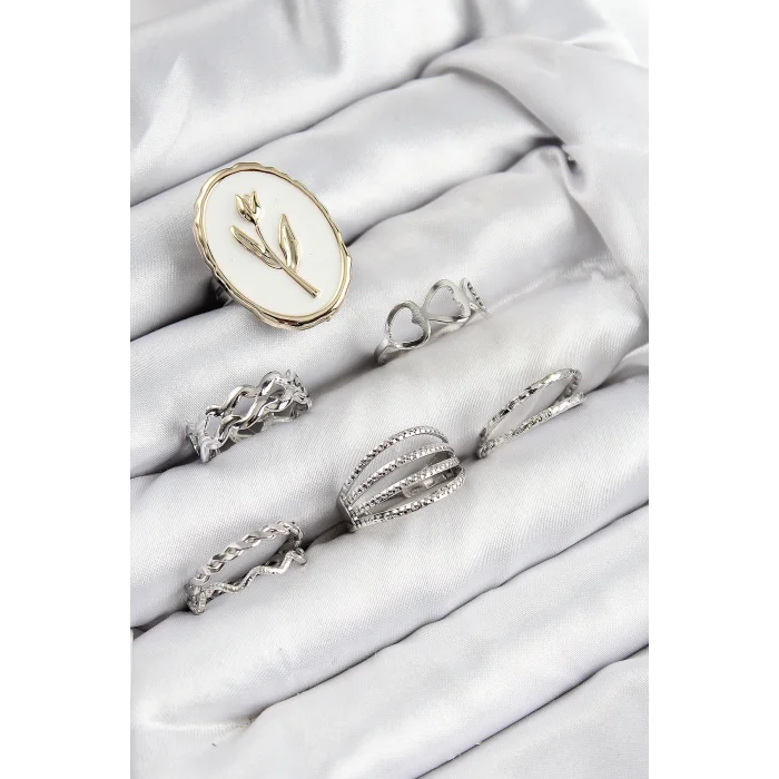 Pirinç Zirkon Taşlı Lale Model Gümüş Renk Kadın Yüzük Kombin Set