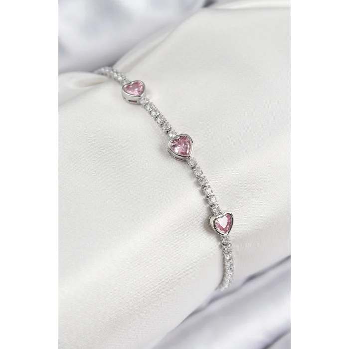 Pirinç Zirkon Taşlı Pembe Kalp Model Gümüş Renk Kadın Bileklik