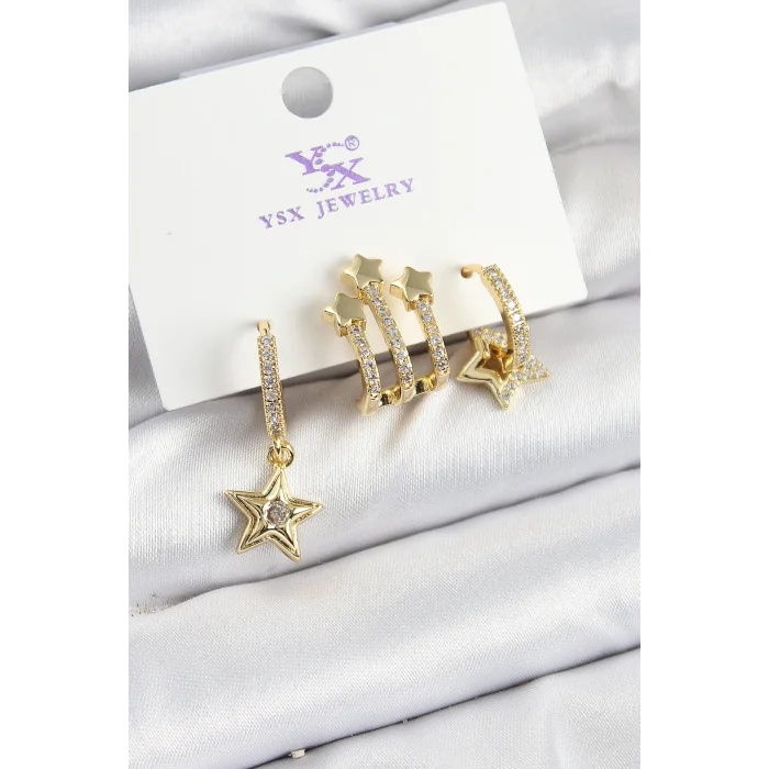 Pirinç Zİrkon Taşlı Sallantılı Yıldız Model Gold Renk 3lü Kadın Küpe