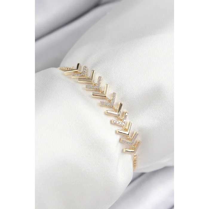 Pirinç Zirkon Taşlı Sıralı Ok Model Gold Renk Asansörlü Kadın Bileklik