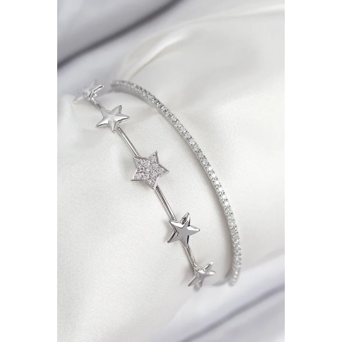 Pirinç Zirkon Taşlı Yıldız Model Gümüş Renk Kadın Bileklik