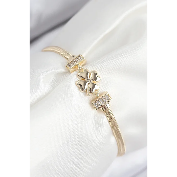 Pirinç Zirkon Taşlı Yonca Model Gold Renk Kadın Bileklik