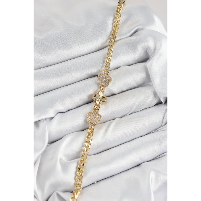 Pirinç Zirkon Taşlı Yonca Model Gold Renk Kadın Bileklik