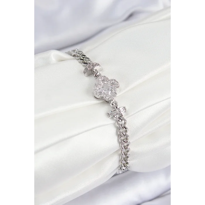 Pirinç Zirkon Taşlı Yonca Model Gümüş Renk Kadın Bileklik