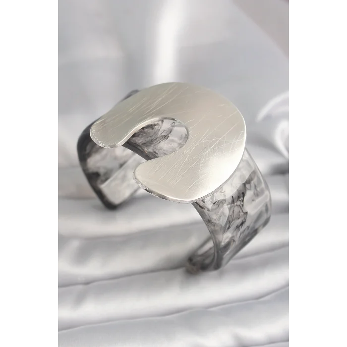 Siyah Mermer Desen Akrilik Plaka Vintage Kadın Bilezik