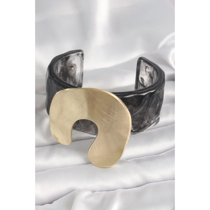 Siyah Mermer Desen Akrilik Plastik Gold Nal Model Plaka Vintage Kadın Bilezik