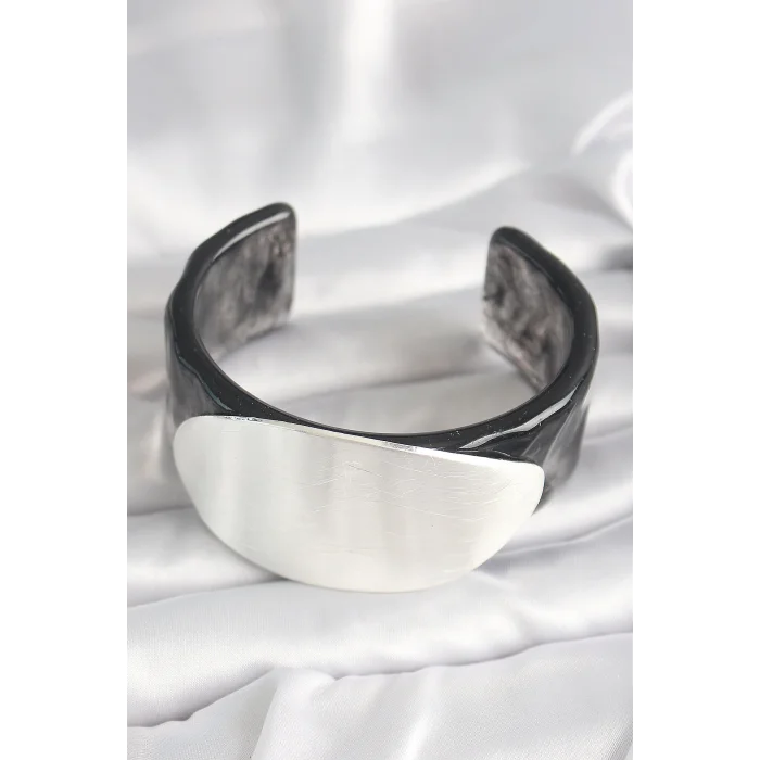 Siyah Mermer Desen Akrilik Plastik Gümüş Oval Plaka Model Vintage Kadın Bilezik