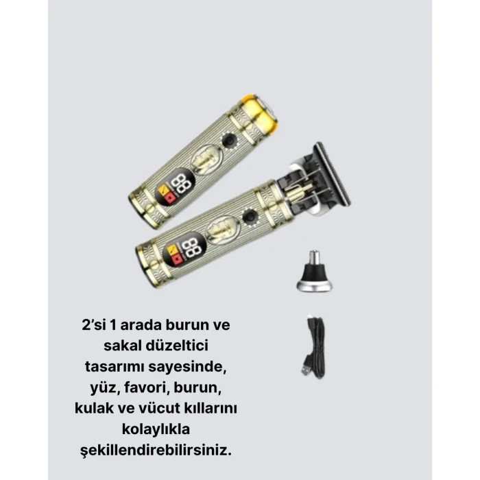 T lı Profesyonel Saç ve Sakal Düzeltici – 8 Kılavuz Tarağı, 2’si 1 Arada Burun ve Sakal Trimmer