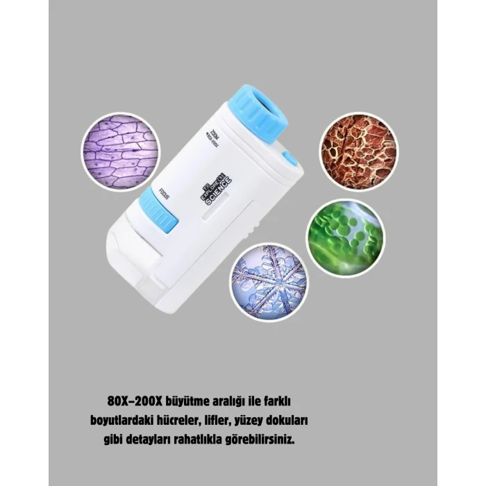 Taşınabilir Eğitim Mikroskobu 80X–200X LED Işıklı ve Darbeye Dayanıklı