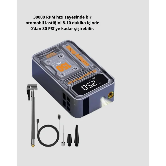 Taşınabilir Kablosuz Hava Pompası – 150 PSI Güçlü Basınç ve 6000mAh Şarjlı