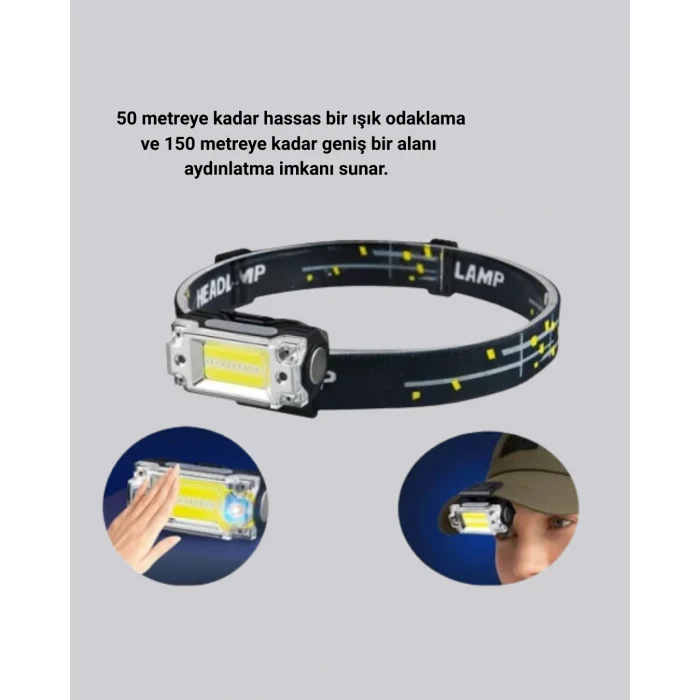 USB Şarjlı Mini LED KAFA Feneri 50m Odak 150m Geniş Aydınlatm