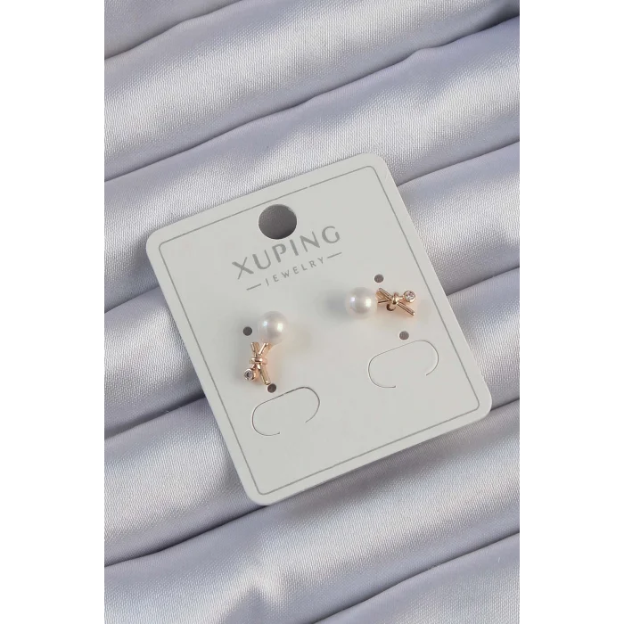 Xuping Rose Renk Zirkon Taşlı İncili Minimal Fiyonk Küpe