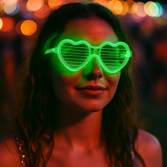 Yeşil LED Işıklı Kalp Gözlük – 3 Modlu Parti - Glow Gözlüğü (5047)