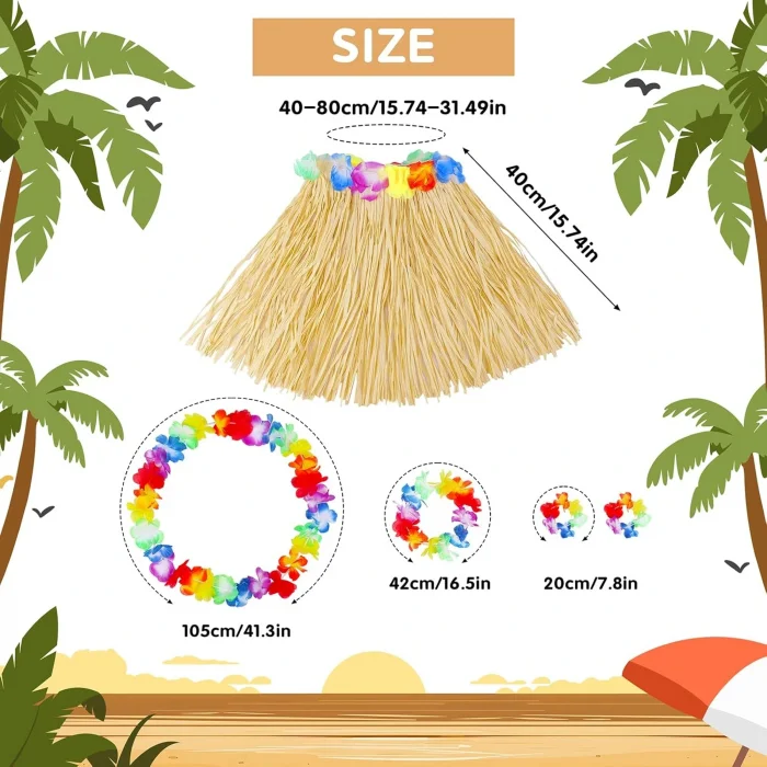 Yetişkin Çocuk Hawaii Parti Seti - 40 cm Naturel Etek + Çiçek Aksesuarlar (5 Parça) (5047)