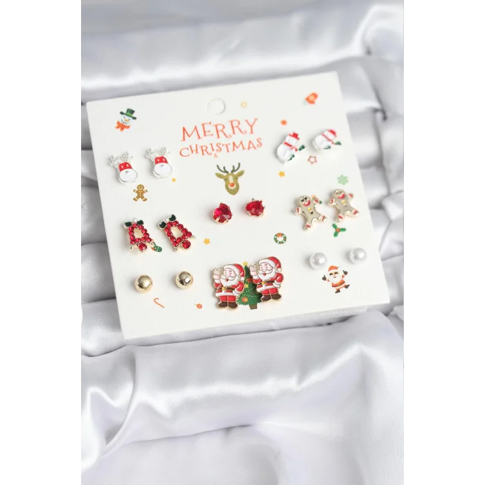 Yılbaşı Temalı Karışık Model 8 Çift Yılbaşı Temalı Kadın Küpe Seti