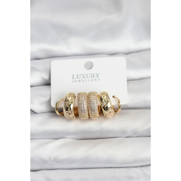 Zirkon Taşlı Pirinç Gold Renk Halka Kadın Küpe Seti