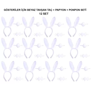 Beyaz Tavşan Kostüm Seti – Taç, Papyon, Kuyruk (12’li Paket)