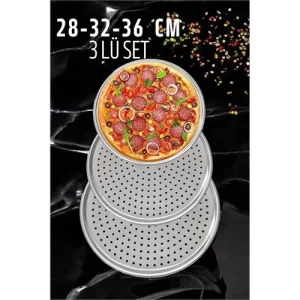Delikli Pizza Lahmacun Tepsisi Çelik 28-32-36 CM 3 lü SET