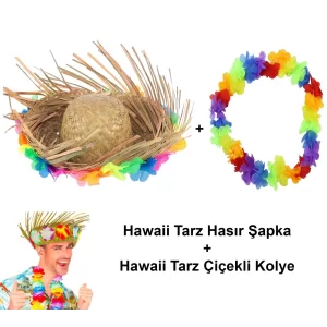Hawaii Tarzı Tropikal Çiçekli Hasır Şapka Ve Çiçekli Hawaii Kolye
