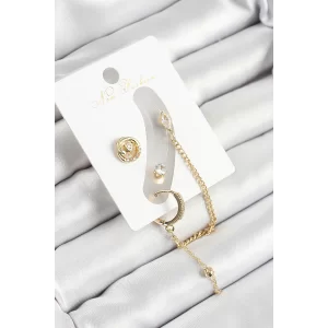 Pirinç Halka Figürlü Zirkon Taşlı Gold Renk 3lü Kıkırdak Kadın Küpe Set