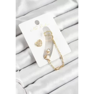 Pirinç Kalp Figürlü Zirkon Taşlı Gold Renk 3lü Kıkırdak Kadın Küpe Set