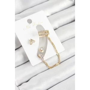 Pirinç Üçgen Figürlü Zirkon Taşlı Gold Renk 3lü Kıkırdak Kadın Küpe Set
