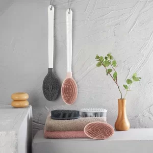 Silikon Masajlı Uzun Saplı Vücut Masaj Fırçası Banyo Sırt Kesesi Saplı Yumuşak Fırça (5047)