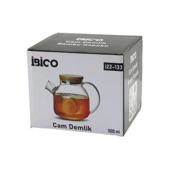 1000ML SADE DÜZ CAM DEMLİK  BAMBU DIŞ YÜZEY - METAL İÇ YÜZEY - SİLİKON CONTALI KAPAK (5047)