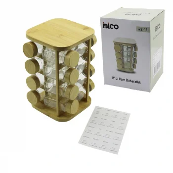 16PCS KARE - DÖNER STANDLI CAM - BAMBU KAPAK TUZLUK - BAHARATLIK BAMBU STAND (5047)