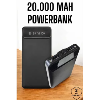 20.000 Mah Led Işıklı LCD Ekran USB Girişli Type-C Lightning Powerbank