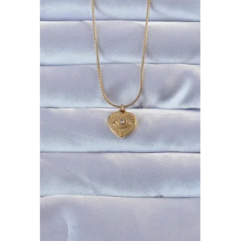316L Altın Renk Zirkon Taşlı İşlemeli Göz Detay Kalp Kolye