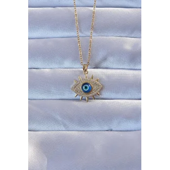 316L Altın Renk Zirkon Taşlı Nazarlı Göz Kolye