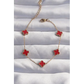 316L Çelik Baby Boy Gold Renk Kırmızı Mineli Yonca Bileklik