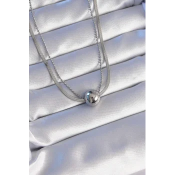 316L Çelik Çift Zincirli Gümüş Renk Topçuk İtalyan Model Kolye