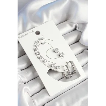 316L Çelik Dikdörtgen Figürlü Ve Zirkon Taşlı Gümüş Renk 7li Çift Kadın Küpe Set