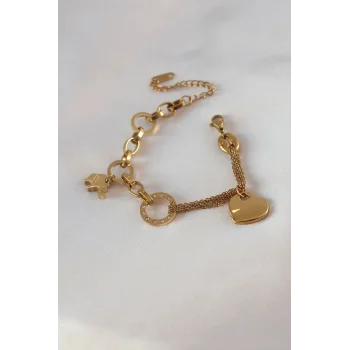 316L Çelik Gold Renk 2li Zincir Model Zirkon Taş Detay Kadın Bileklik