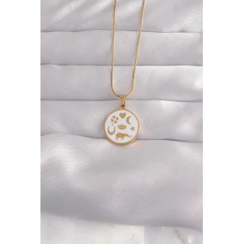 316L Çelik Gold Renk Beyaz Mineli Karışık Figürlü Tarot Kolye
