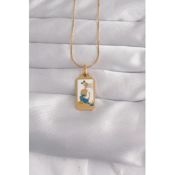 316L Çelik Gold Renk Beyaz Mineli Kız Figür Tarot Kolye