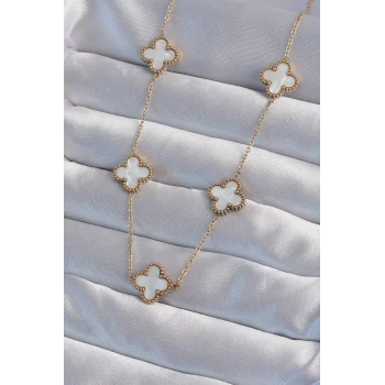 316L Çelik Gold Renk Beyaz Sedefli Yonca Kolye