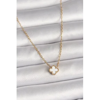 316L Çelik Gold Renk Beyaz Yonca Model Kadın Kolye