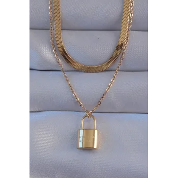 316L Çelik Gold Renk Çift Zincir Kilit Model Kolye