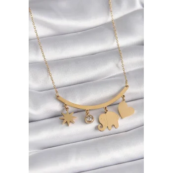 316L Çelik Gold Renk Fil Figür Zirkon Taş Detay Kadın Kolye