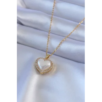 316L Çelik Gold Renk İncili Kalp Model Zirkon Taşlı Kadın Kolye