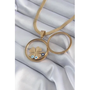 316L Çelik Gold Renk İtalyan Zincir Açılabilir Fanus Yonca Figür Model Kadın Kolye