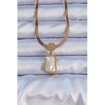 316L Çelik Gold Renk İtalyan Zincir Ezme Taşlı Kolye