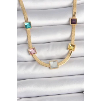 316L Çelik Gold Renk İtalyan Zincir Model Kare Renkli Zirkon Taşlı Kadın Kolye