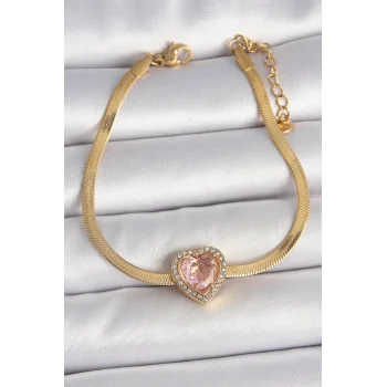 316L Çelik Gold Renk İtalyan Zincir Pembe Zirkon Taşlı Kalp Model Kadın Bileklik