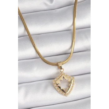 316L Çelik Gold Renk İtalyan Zincir Zirkon Taşlı Kutup Yıldız İşleme Kadın Kolye