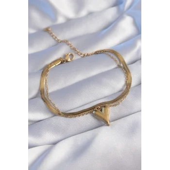 316L Çelik Gold Renk İtalyan Zincirli Kalp Model Bileklik